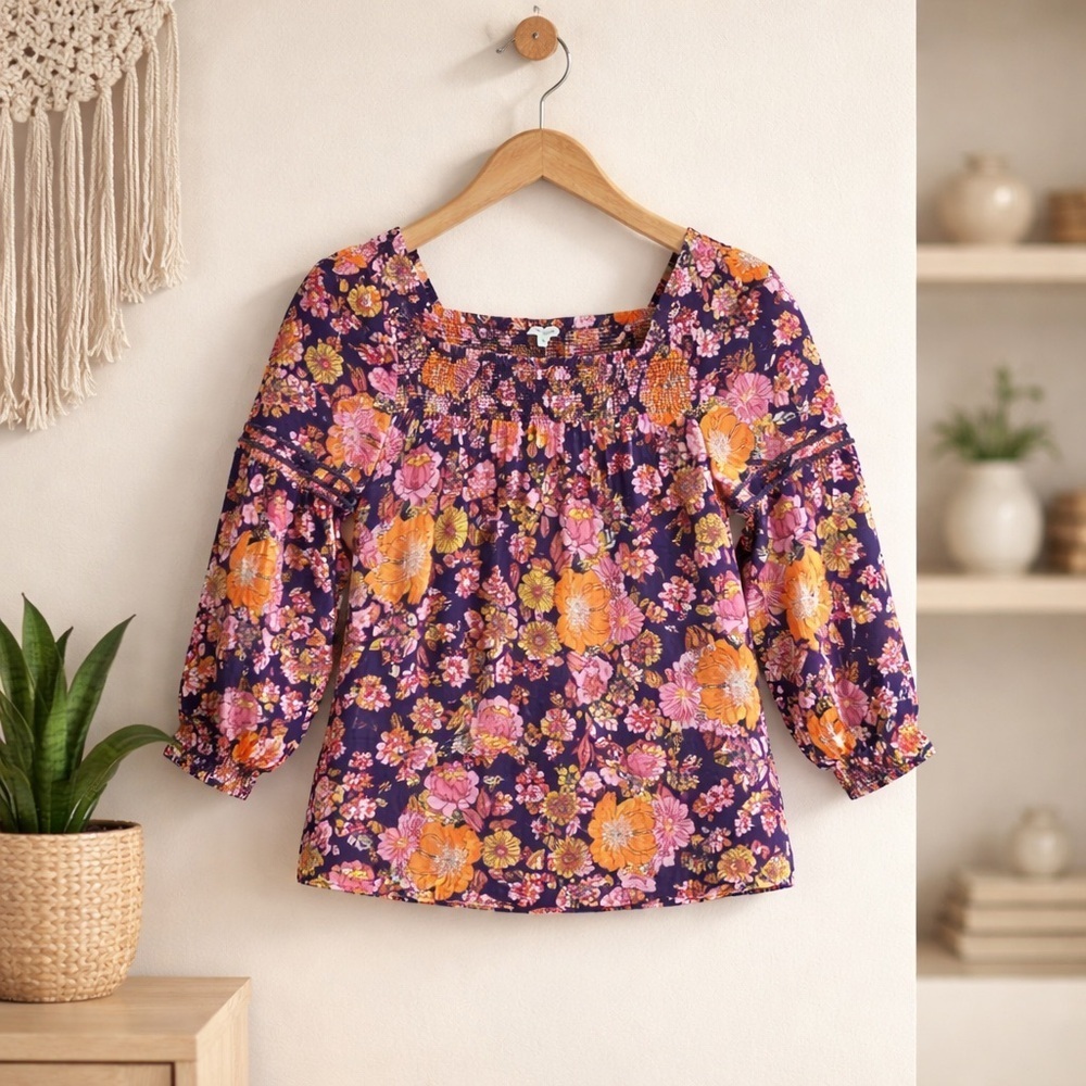 Anthropology Nostalgia floral print smocked long-sleeve blouse